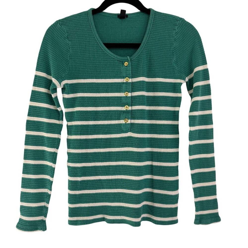 J. Crew Women's Green/White Striped Cotton Long Sleeve Henley Long Sleeve Size S